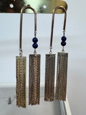 Gold Tassel Drop Earrings with Lapis Lazuli Bead Accent